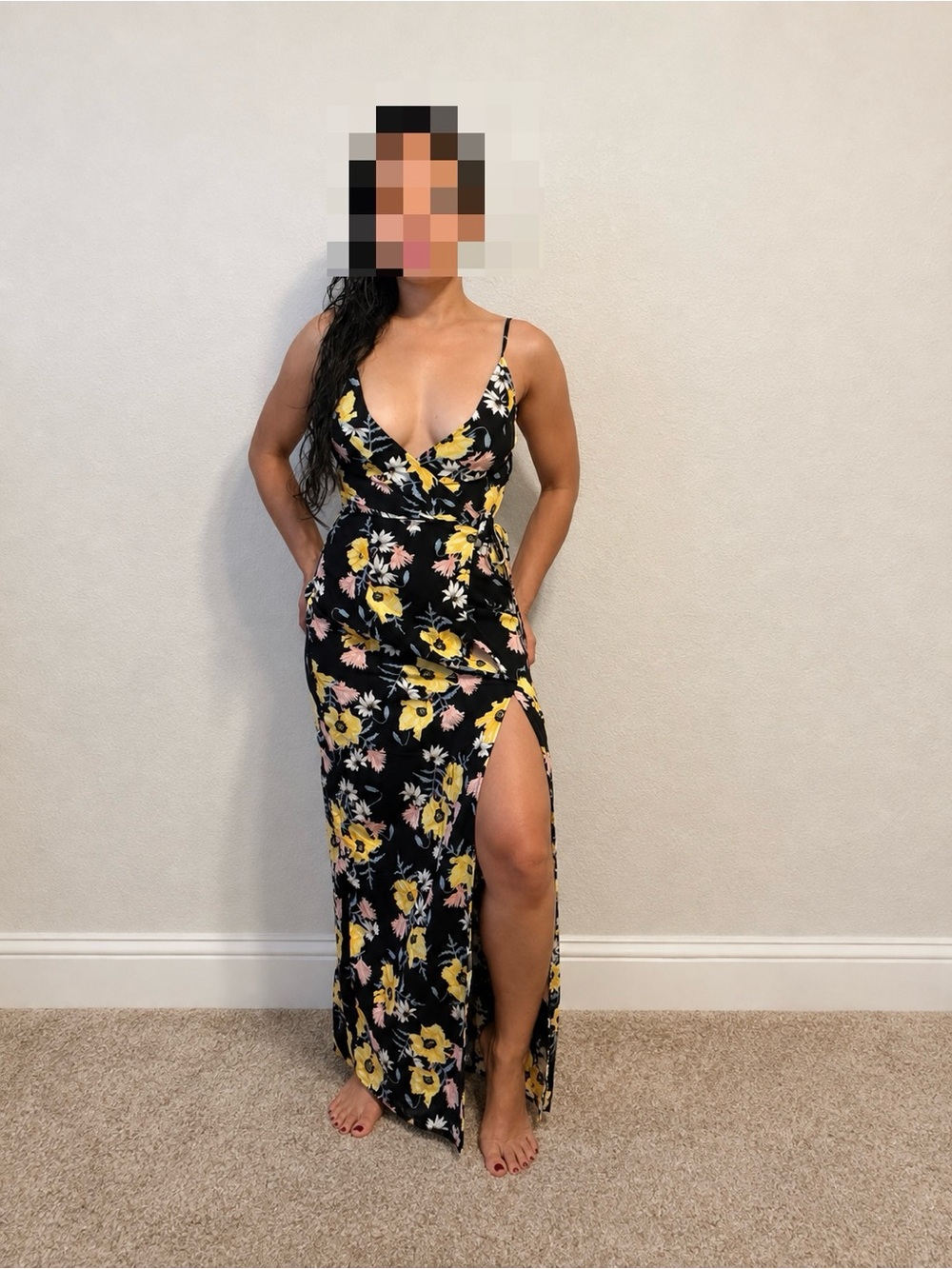 Divided Floral Wrap Maxi Dress - Black, Yellow, Pink